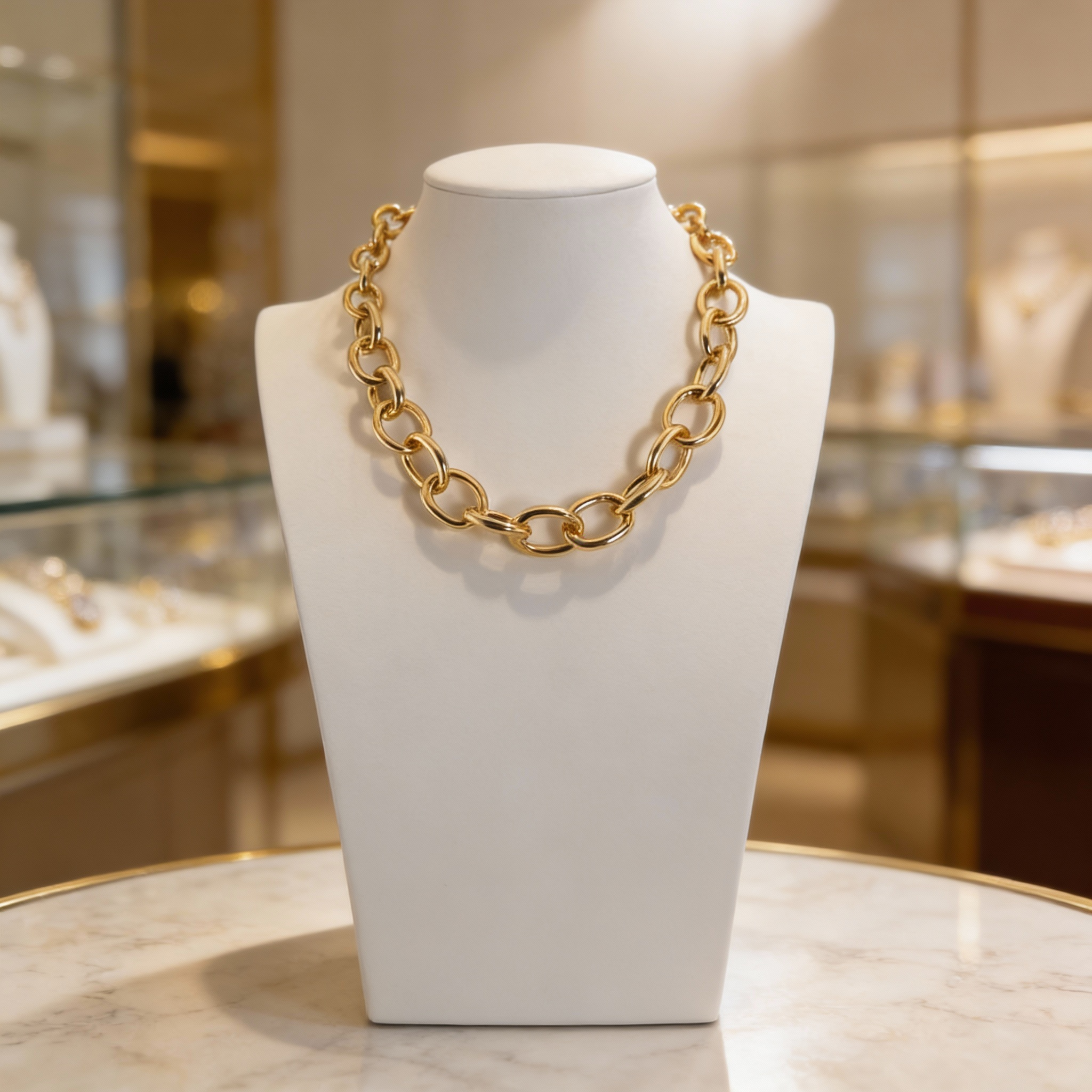 Gold chain necklace on a white mannequin bust in a jewelry store setting.