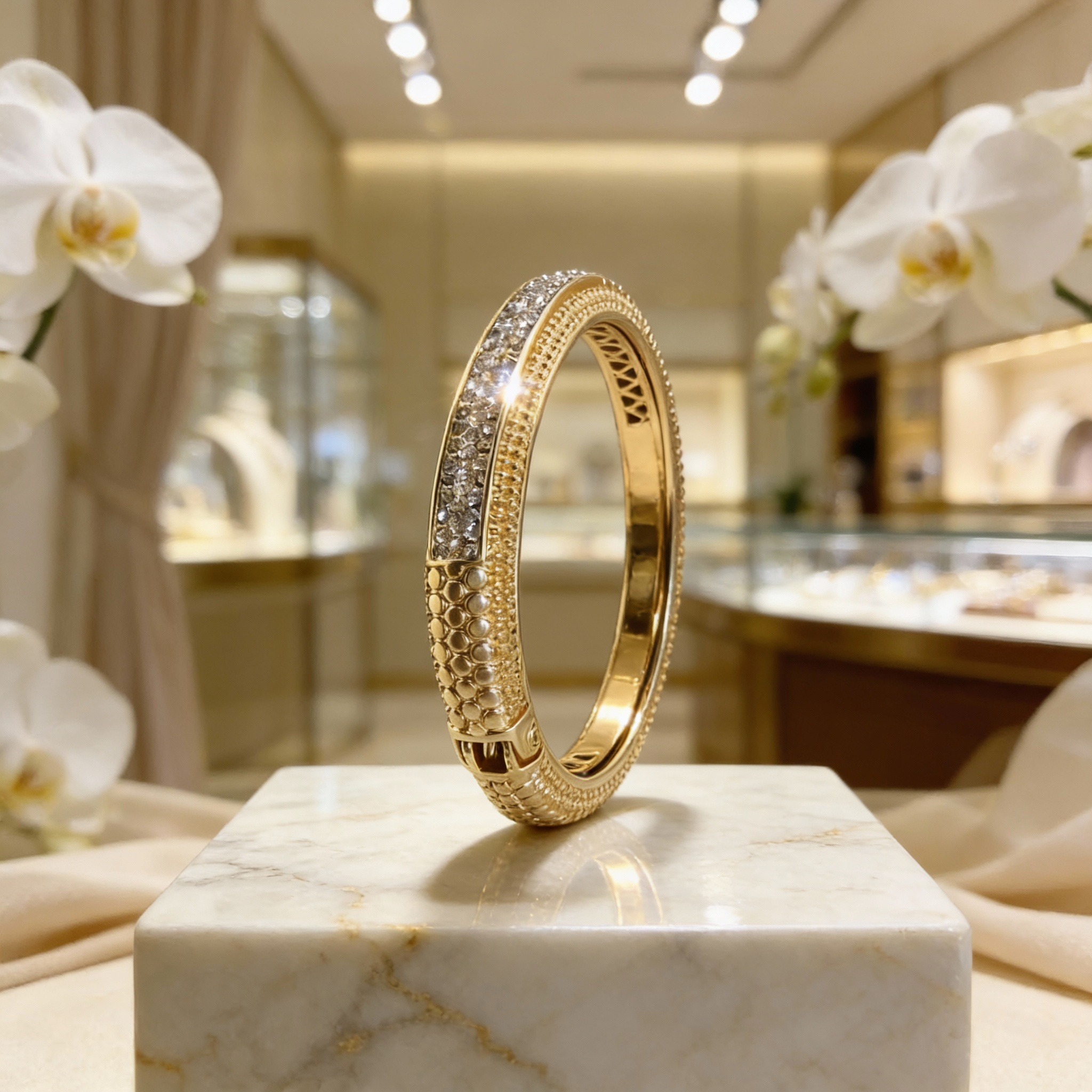 Gold stackable bracelet with pavé diamond detailing displayed on a marble pedestal
