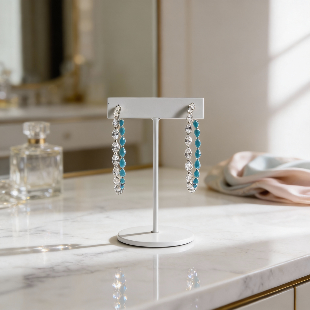 Be Je's Silver Diamond & Turquoise Hoop Earrings