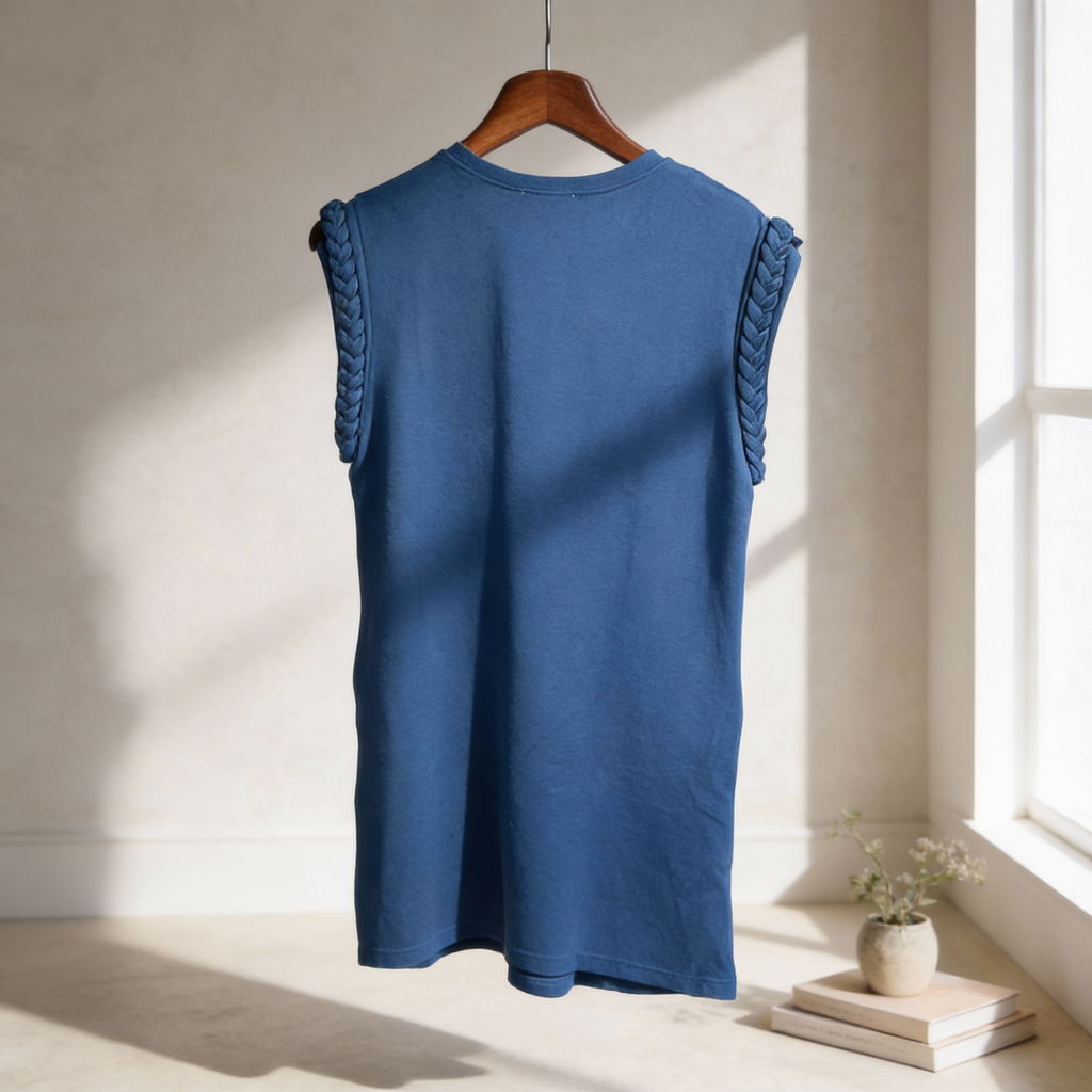 Back view of blue cap sleeve dress with braided shoulder detail and relaxed fit, hanging on wooden hanger.