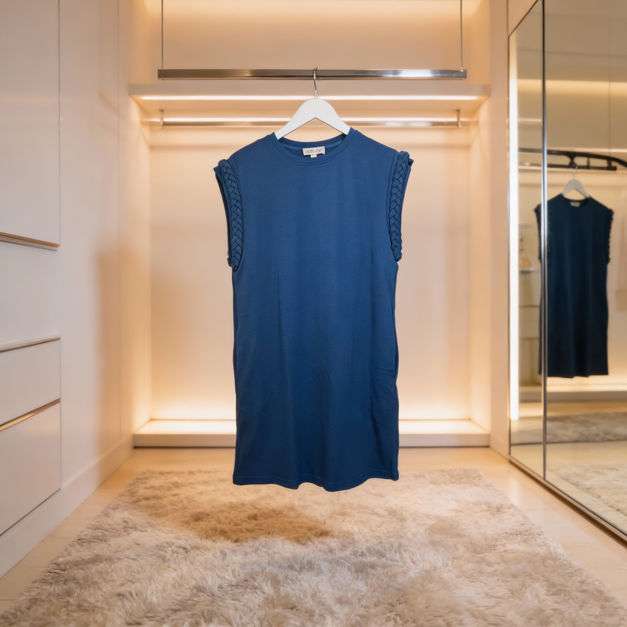Front view of blue cap sleeve dress with braided shoulder detail and side pocket, hanging in boutique setting.