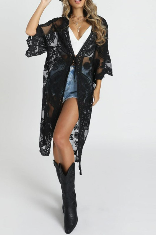 Black boho crochet lace long kimono beach cover-up
