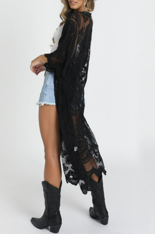 Sheer black crochet lace kimono cover-up for beach and resort wear
