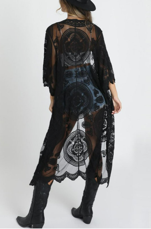 Back view of black boho crochet lace long kimono cover-up