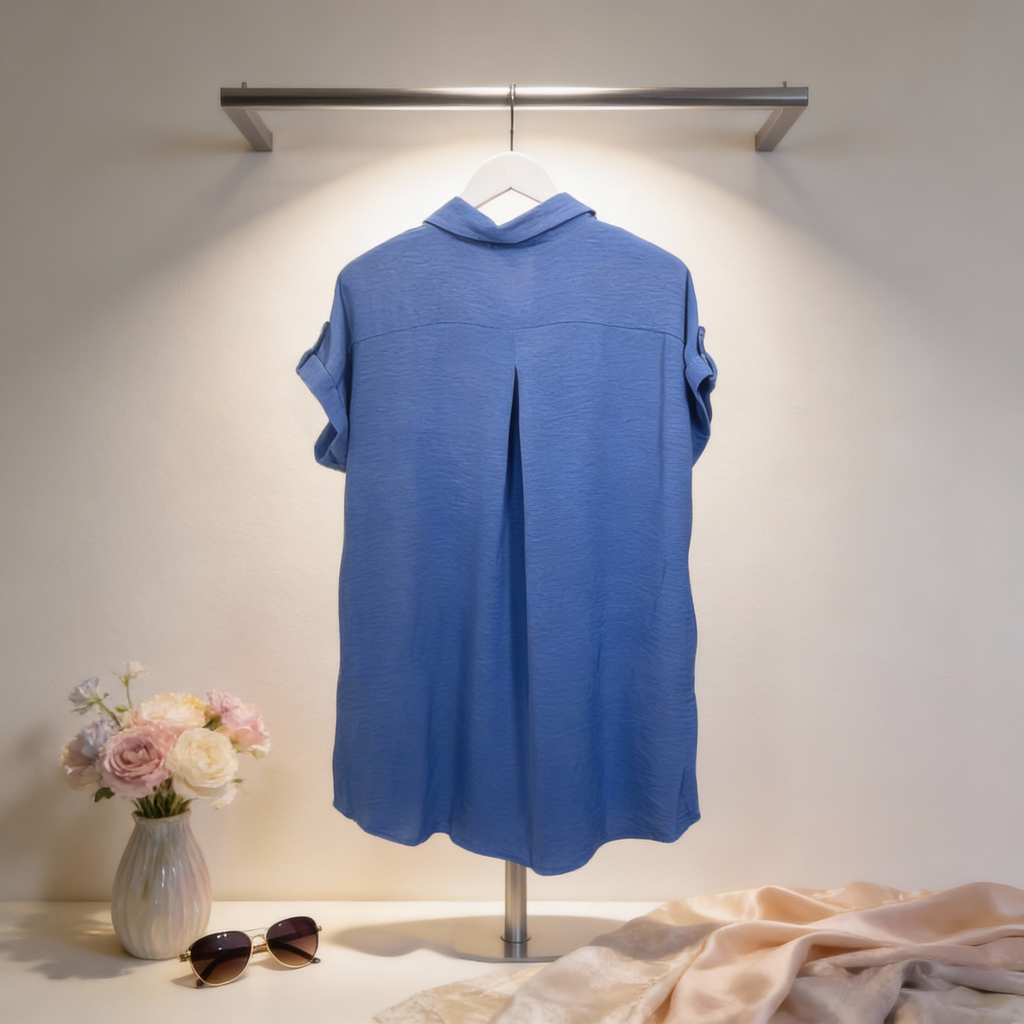 Back view of cobalt blue drop shoulder button-up woven shirt dress with pleated back and relaxed fit.