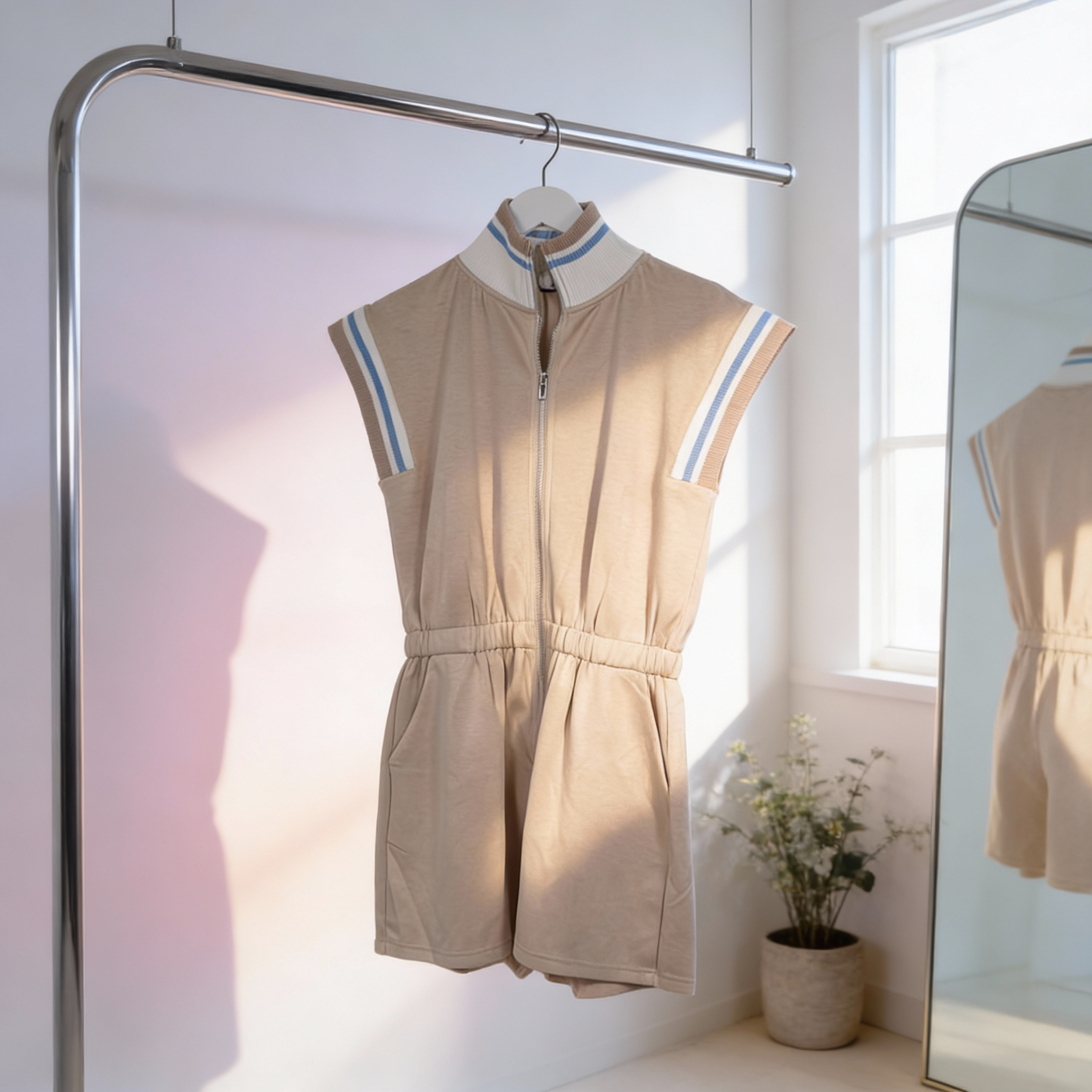 Sleeveless front zip romper with elastic waist, contrast stripe trim, and side pockets displayed on hanger