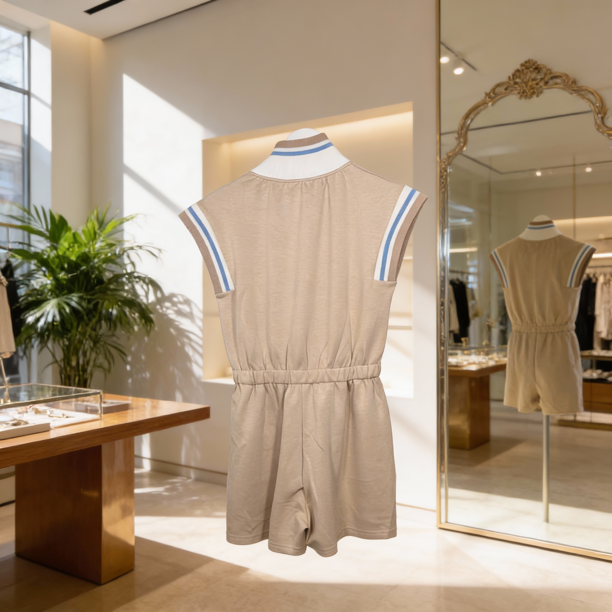 Back view of sleeveless front zip romper with elastic waist and contrast stripe trim