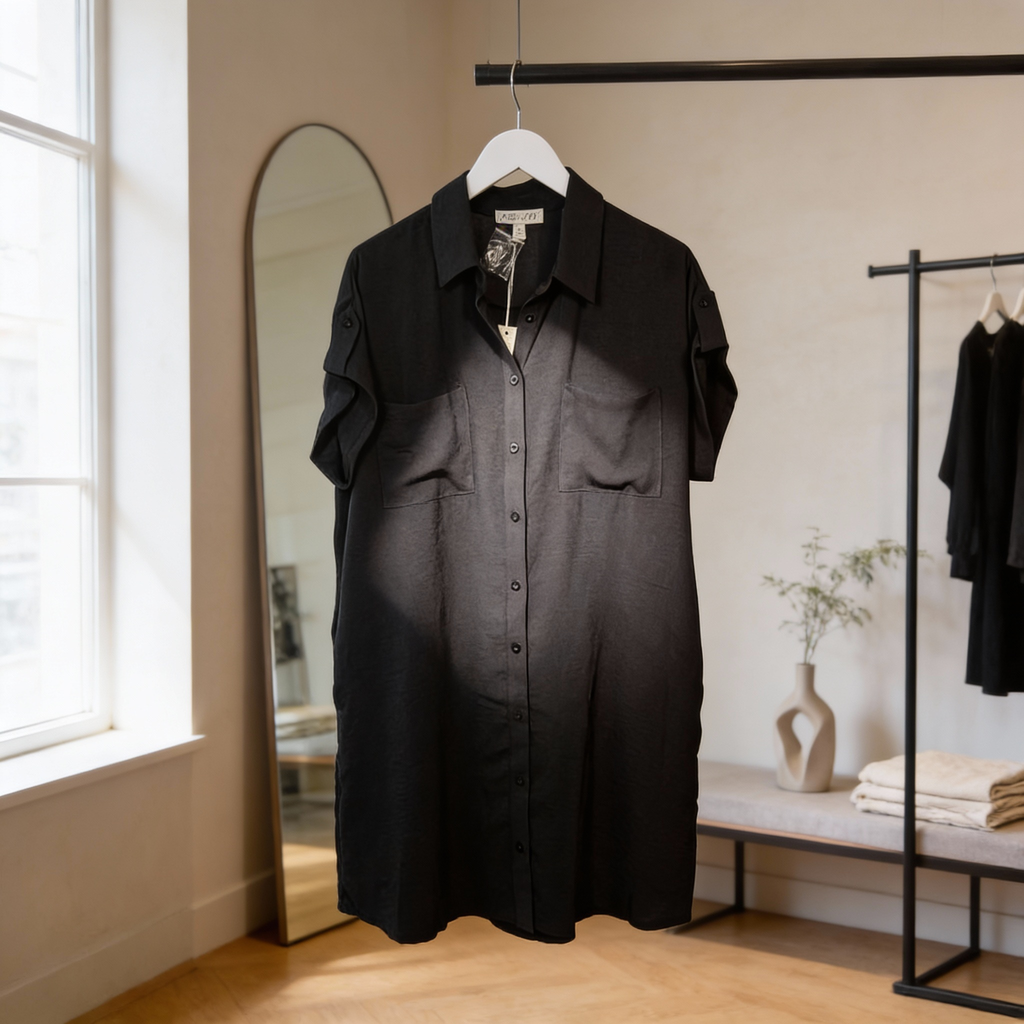 Women’s black short sleeve button-up woven shirt dress featuring drop shoulders, front pockets, and an easy relaxed fit.