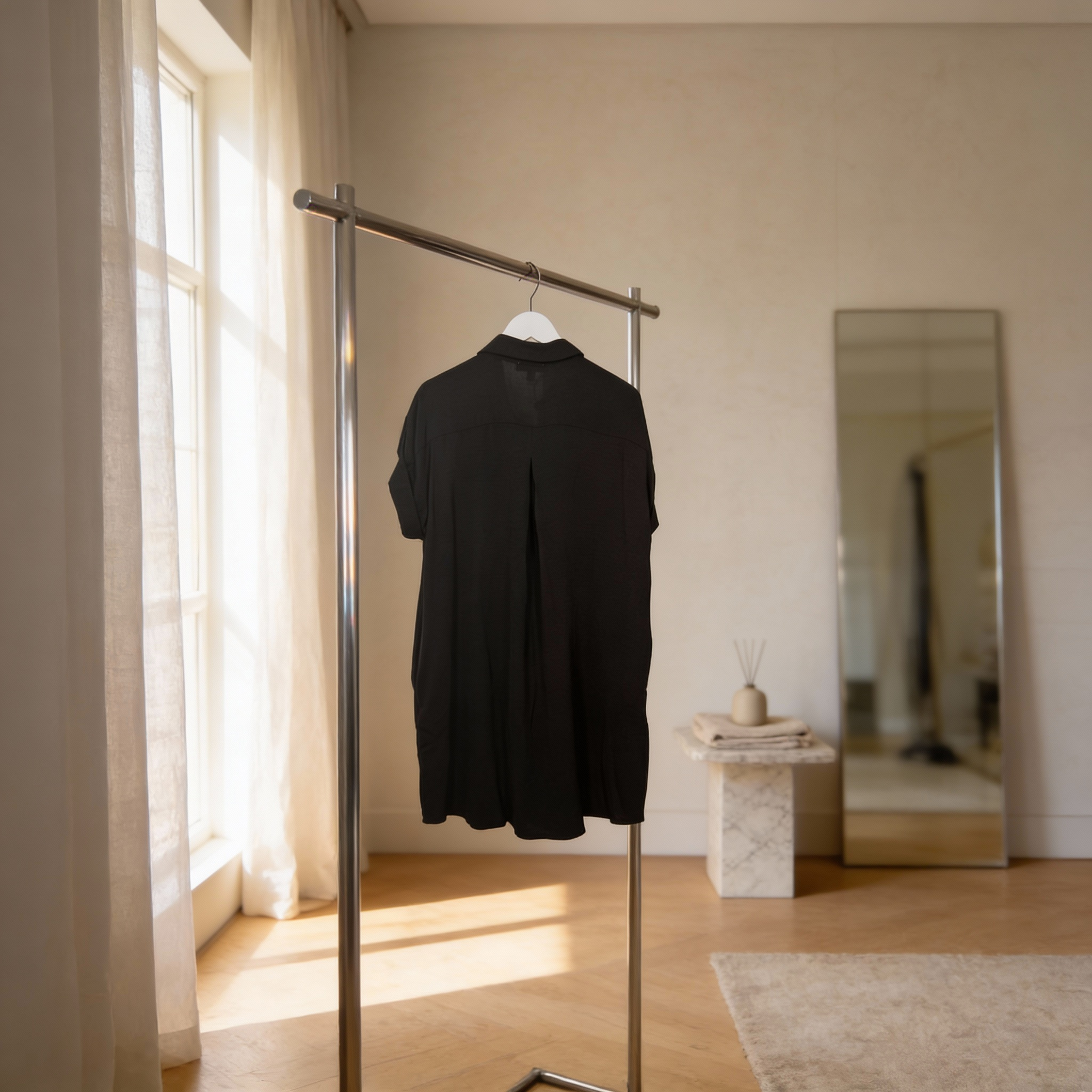 Women’s black short sleeve button-up woven shirt dress featuring a relaxed silhouette and center back pleat.