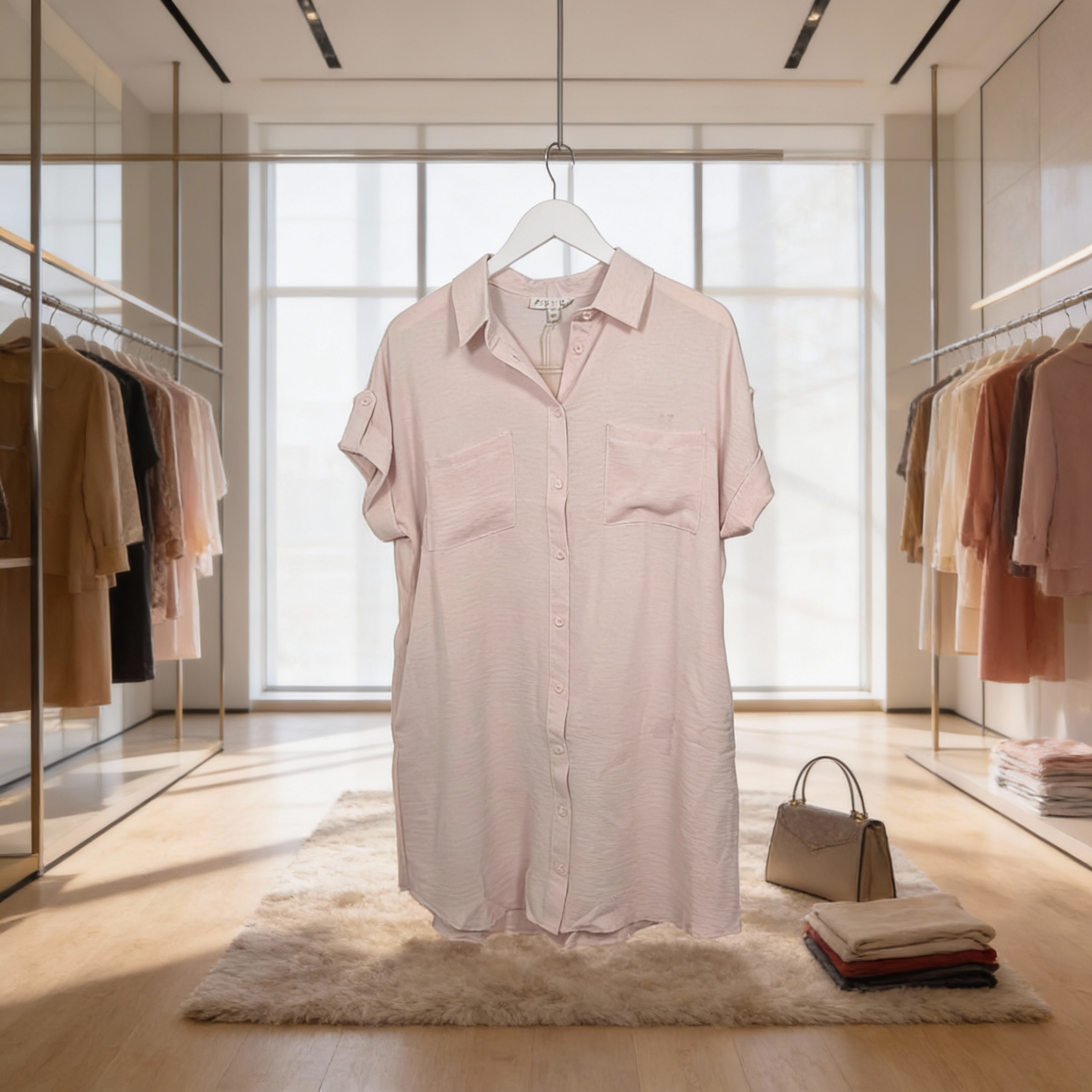 Women’s stone drop shoulder button-up woven shirt dress featuring short sleeves, chest pockets, and an easy relaxed silhouette.