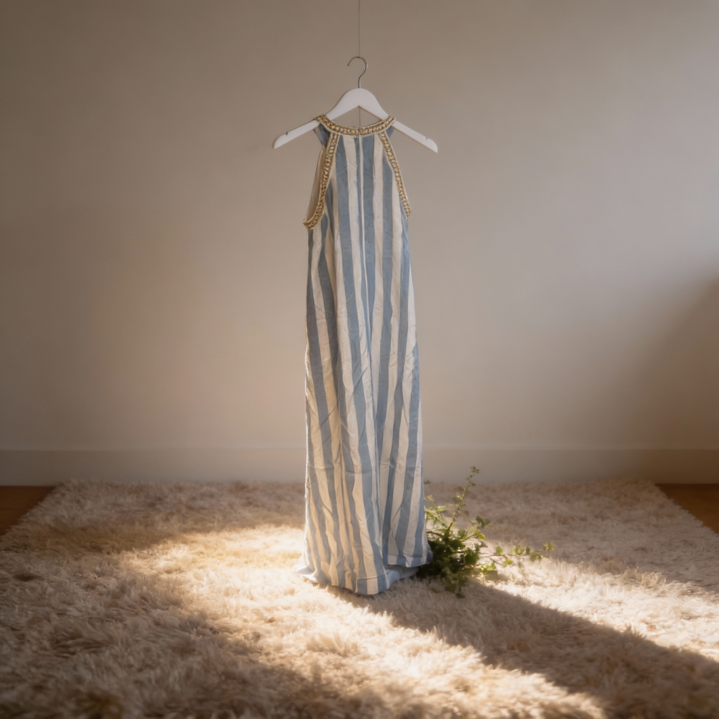 Striped dress on a hanger against a plain wall with sunlight casting shadows.