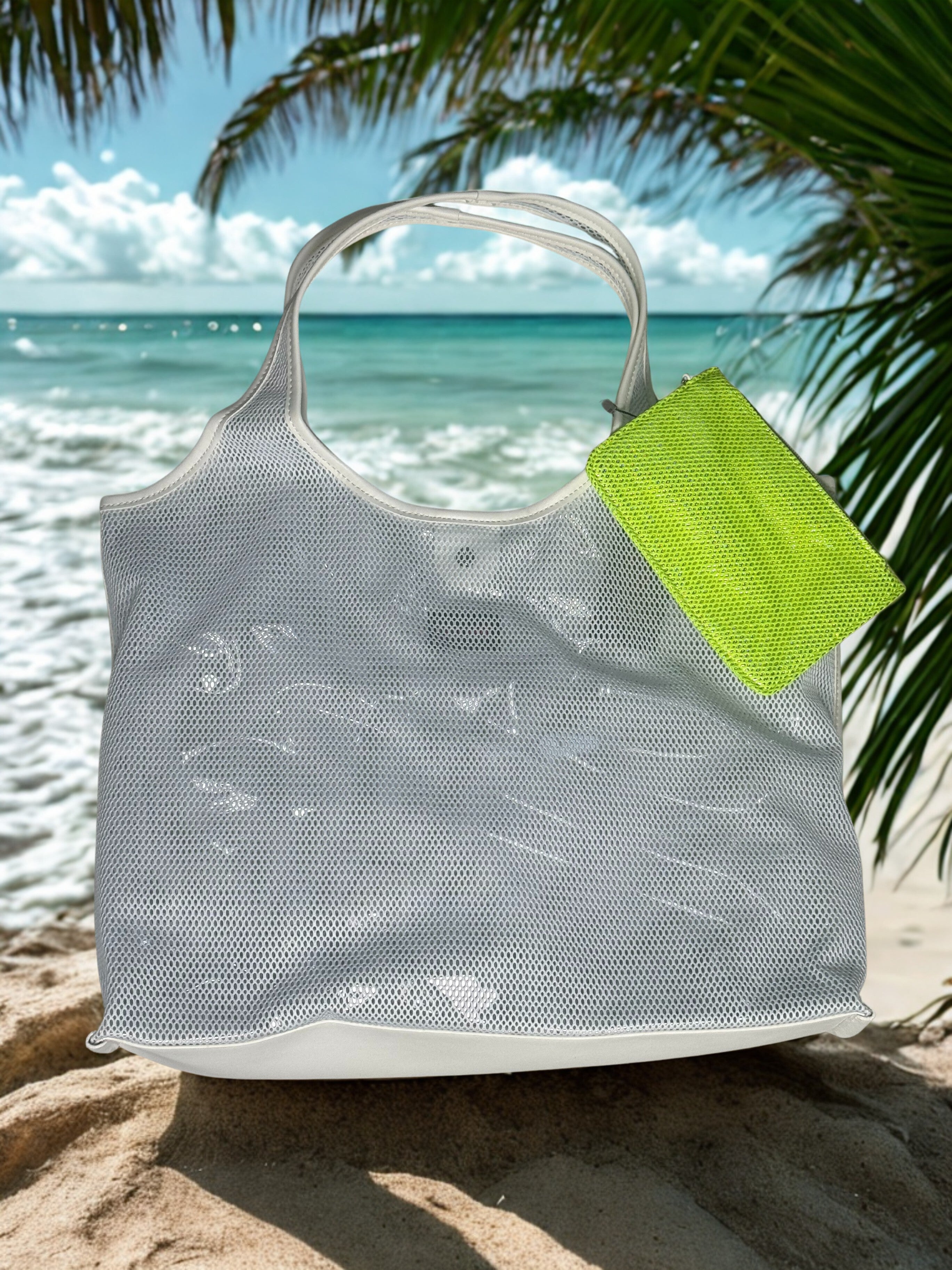 Mesh beach tote bag with coin pouch for pool and resort wear