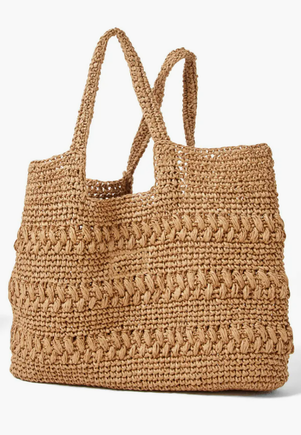 Brown woven tote bag on a white background perfect for the beach