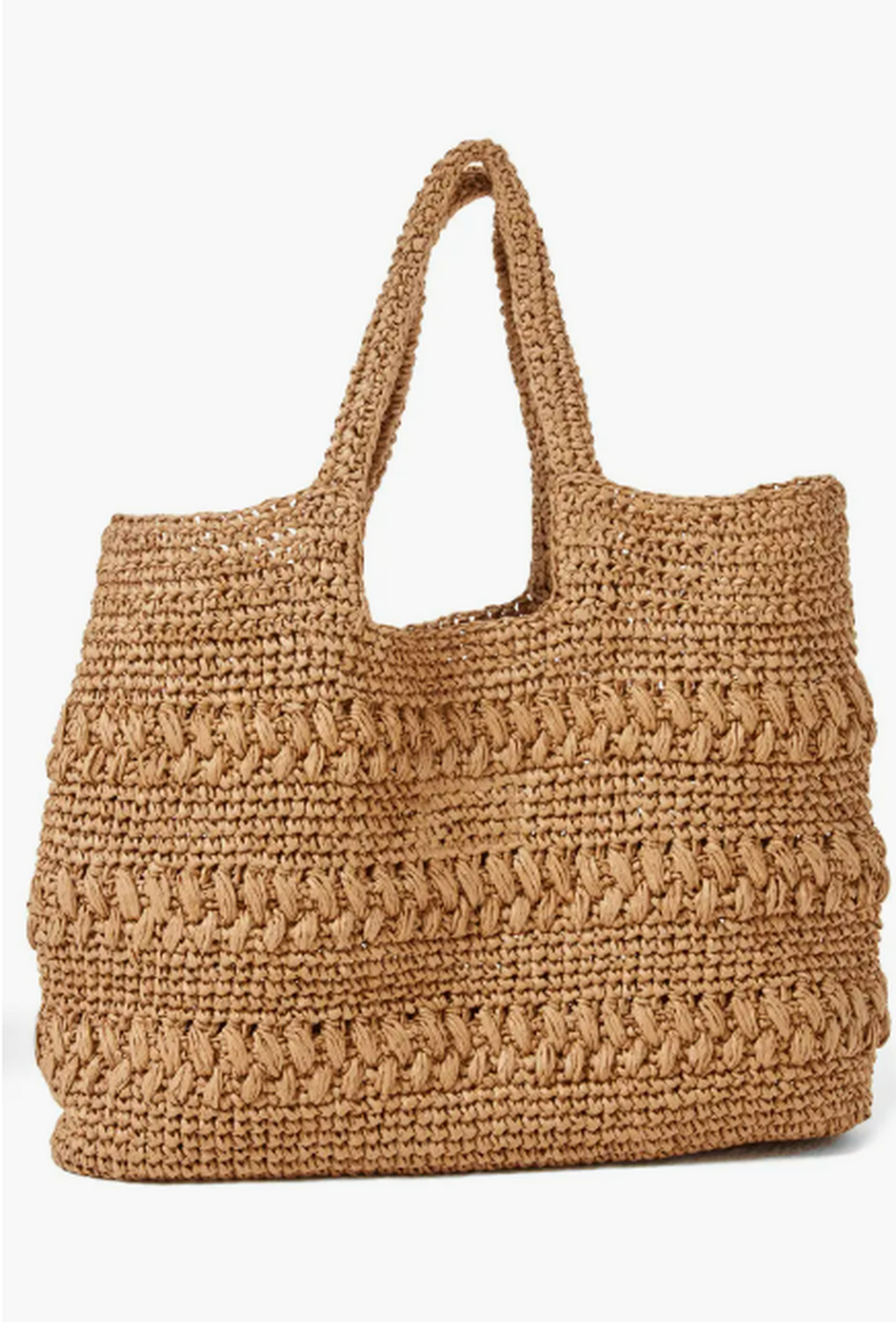 Brown woven tote bag on a white background