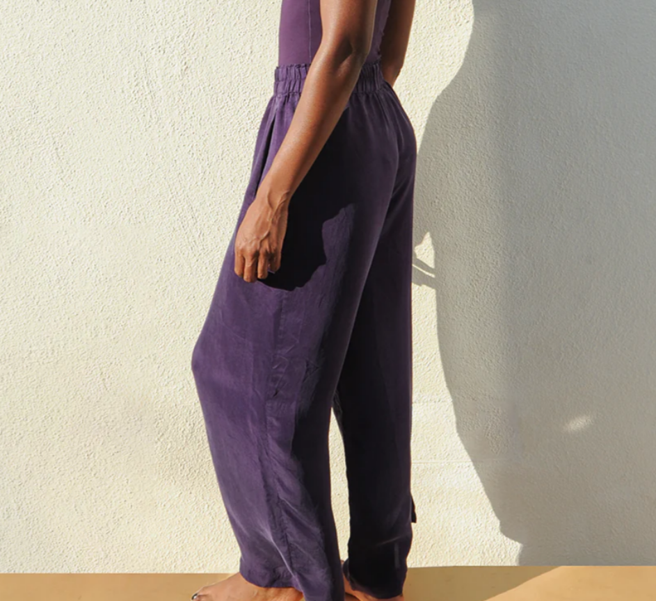 Purple flowy wide-leg pants side view