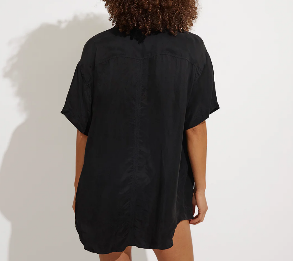 Black short-sleeve button-down shirt back view