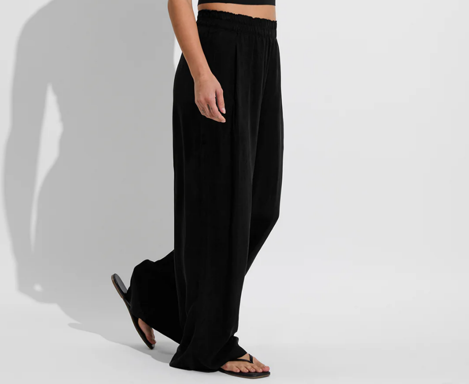 Black pull-on wide-leg pants with relaxed fit and elastic waist
