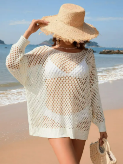 Ivory crochet crewneck beach cover-up worn over swimwear