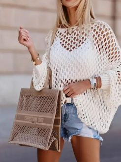 Ivory open-knit crochet crewneck beach cover-up sweater