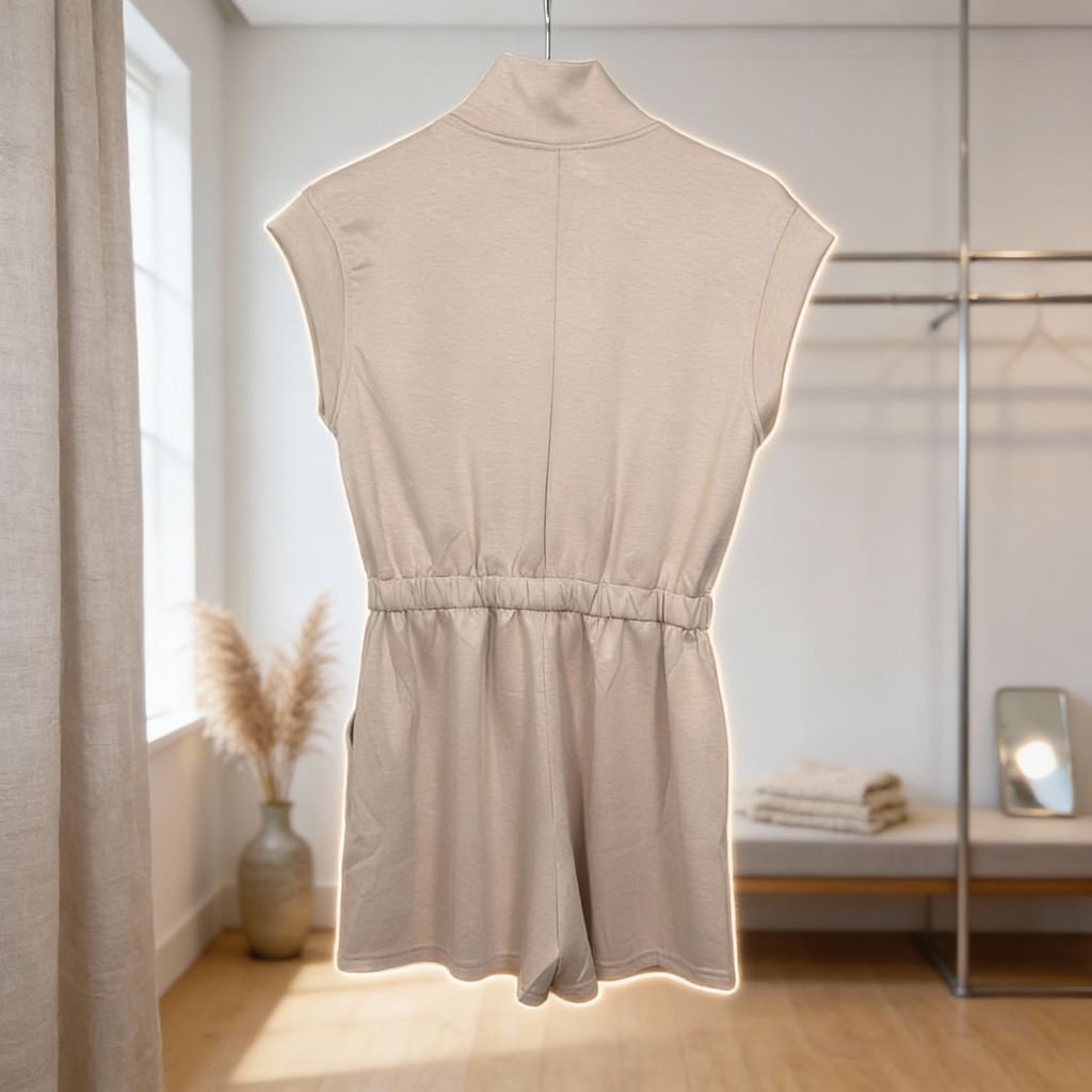 Back view of women’s light taupe sleeveless half-zip romper featuring an elastic waist and soft knit fabric