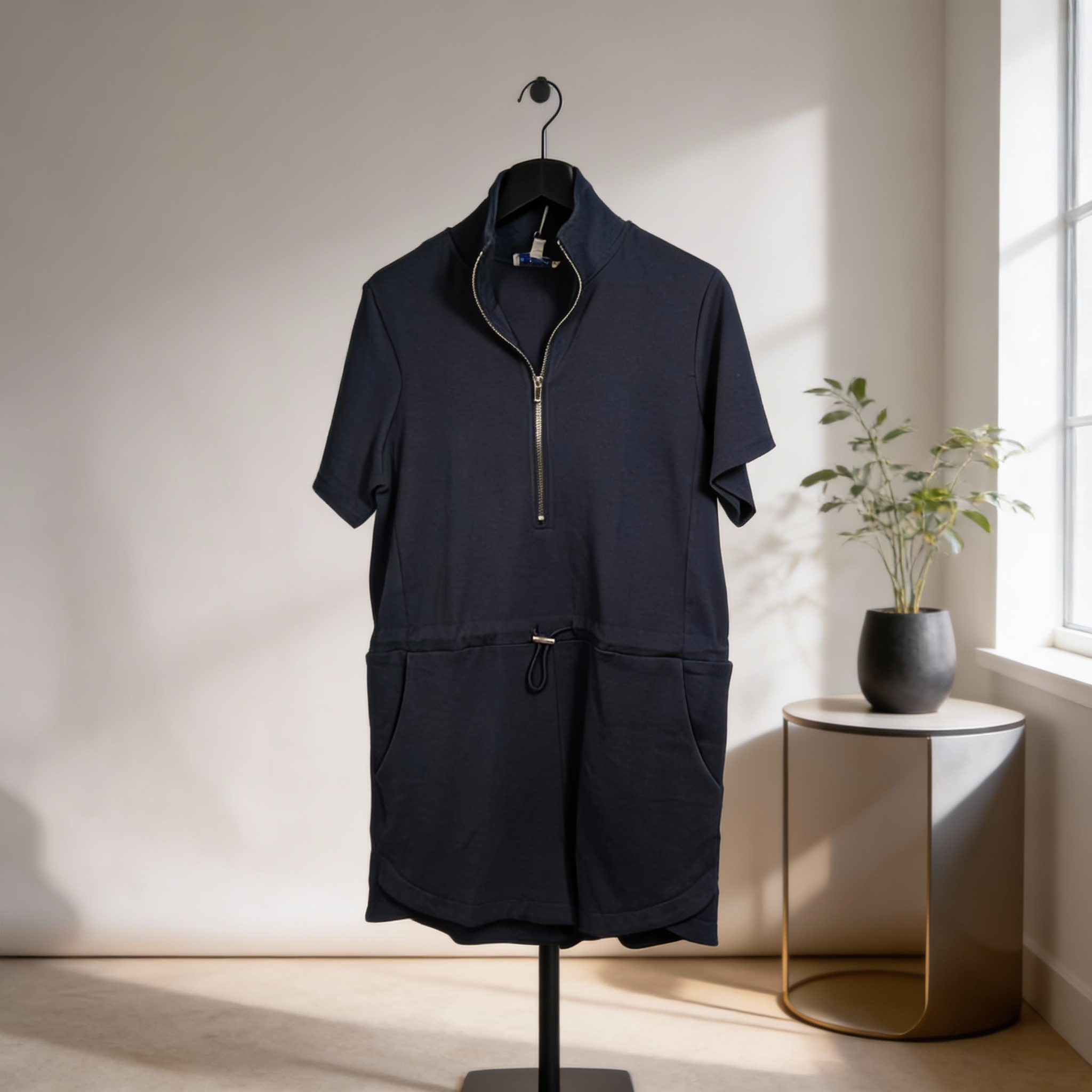 Navy half sleeve half zip scuba knit romper with waist drawstring displayed on hanger