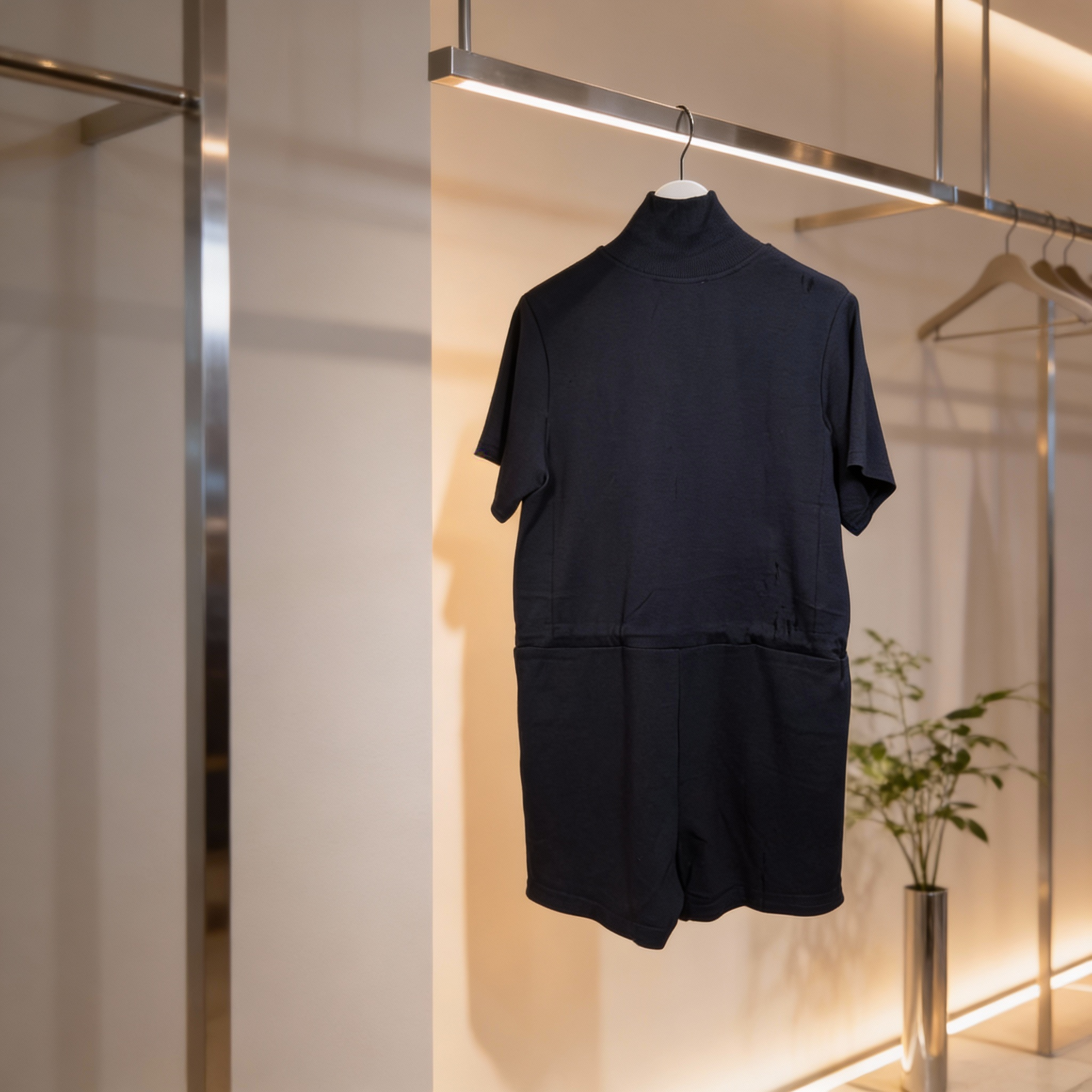 Back view of navy half sleeve half zip scuba knit romper with relaxed fit