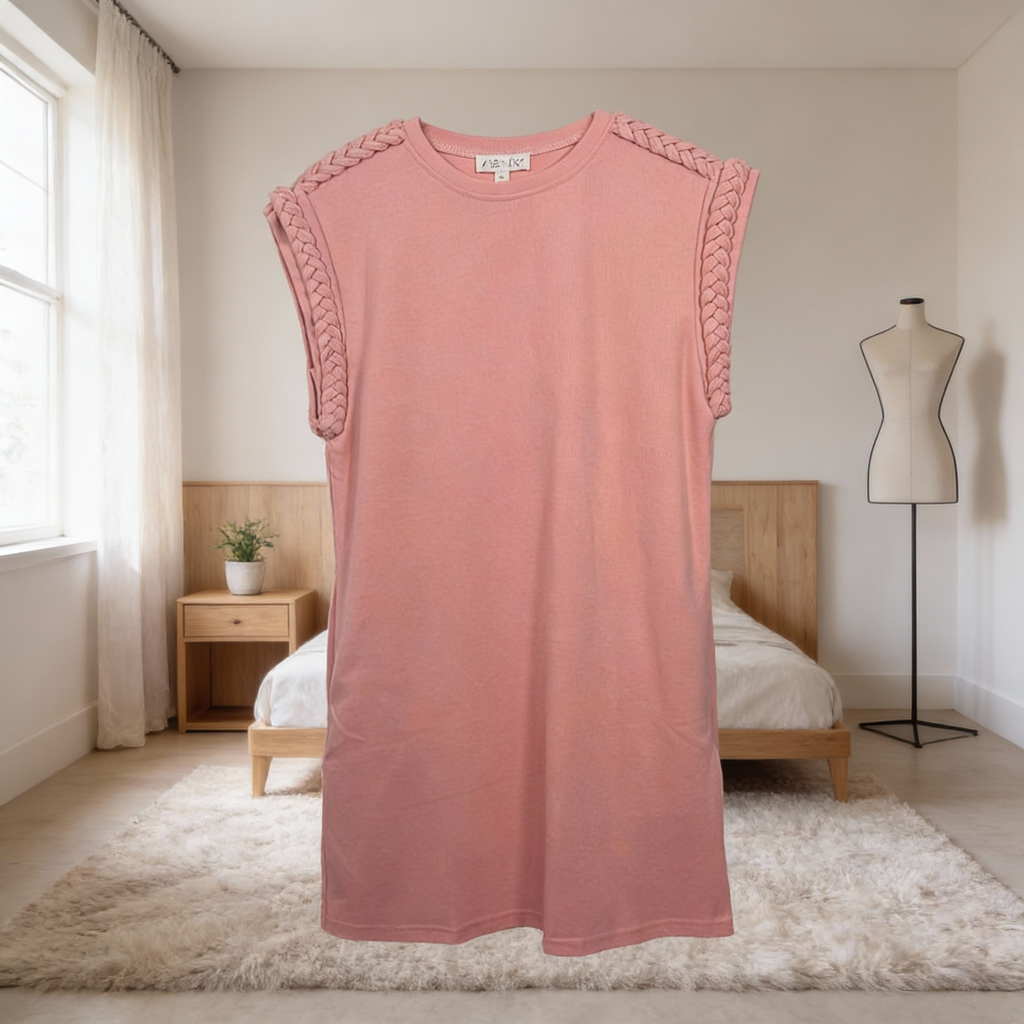 Pink cap sleeve braided detail dress with side pocket, casual women’s resort wear dress hanging in neutral bedroom