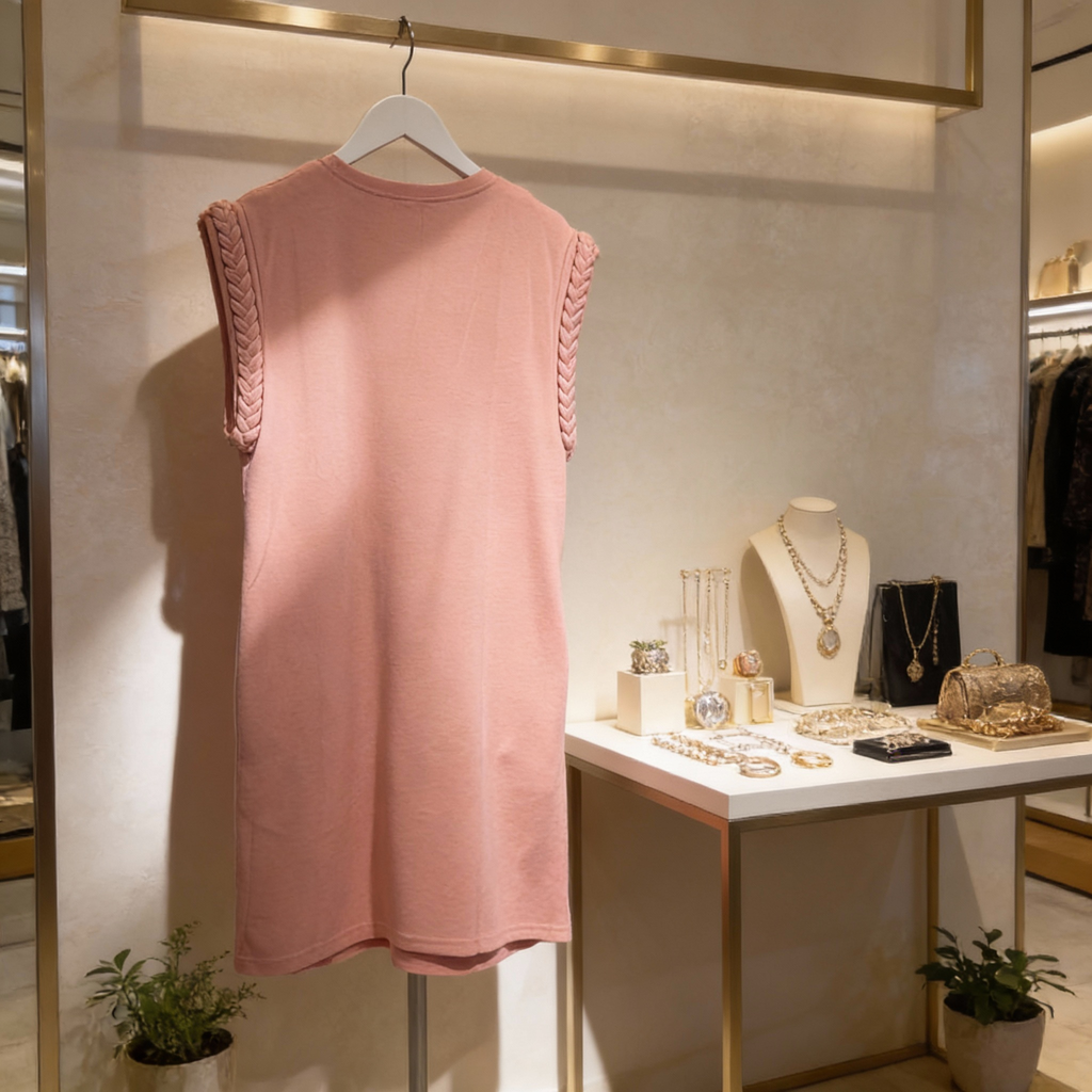 Back view of pink cap sleeve braided detail dress with side pocket, women’s casual resort wear displayed in boutique