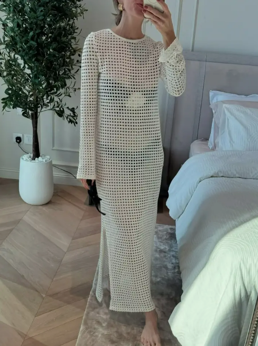 Ivory open-knit long sleeve beach cover-up maxi dress
