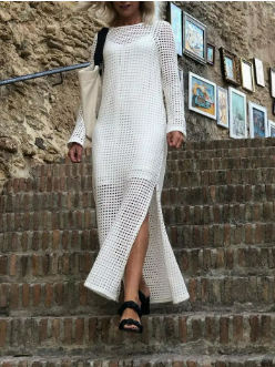 Sheer ivory open-weave long sleeve maxi cover-up with slit