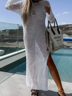 White open-knit long sleeve maxi beach cover-up dress with side slit