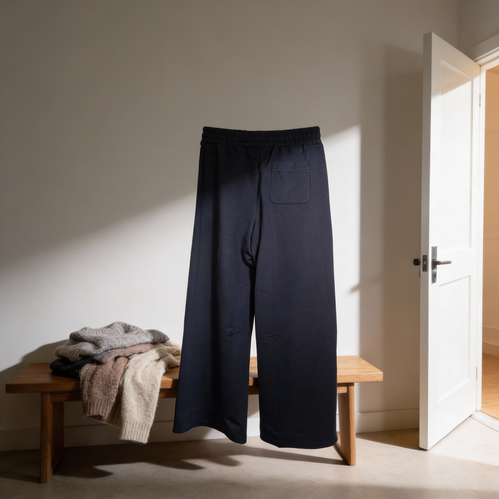Navy blue wide-leg pants on a wooden bench with sunlight streaming in.