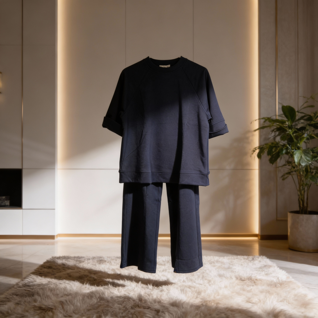 Navy blue outfit on a mannequin against a neutral background with a plant and rug.