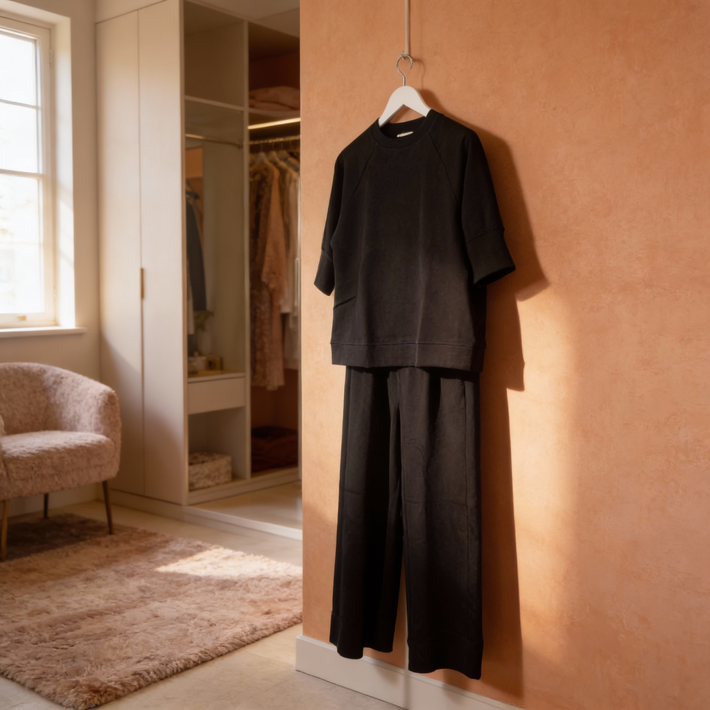 Black outfit hanging on a hanger against a peach-colored wall in a room with a wardrobe and chair.