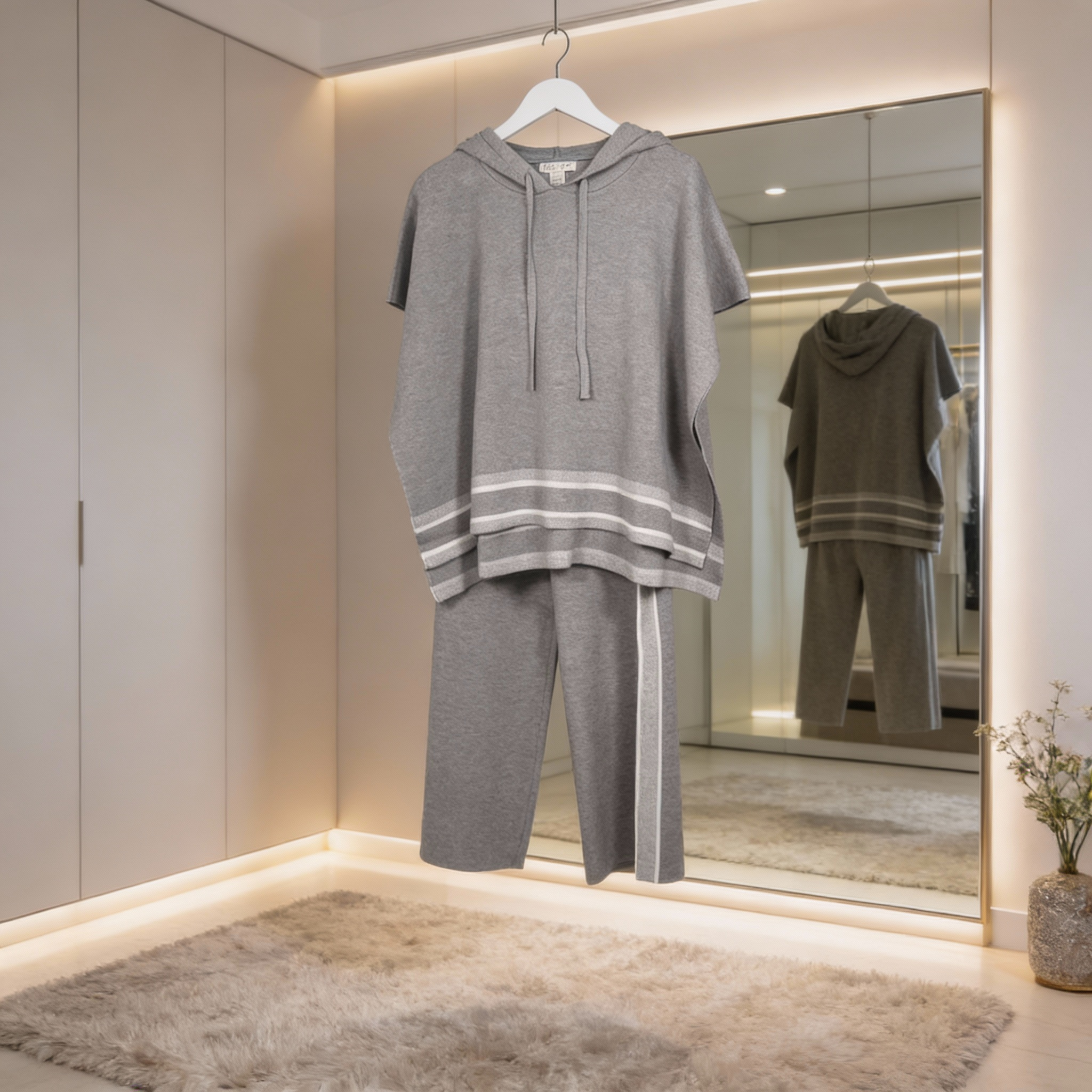 Short sleeve hooded sweater top and matching pants with striped detail displayed as a set