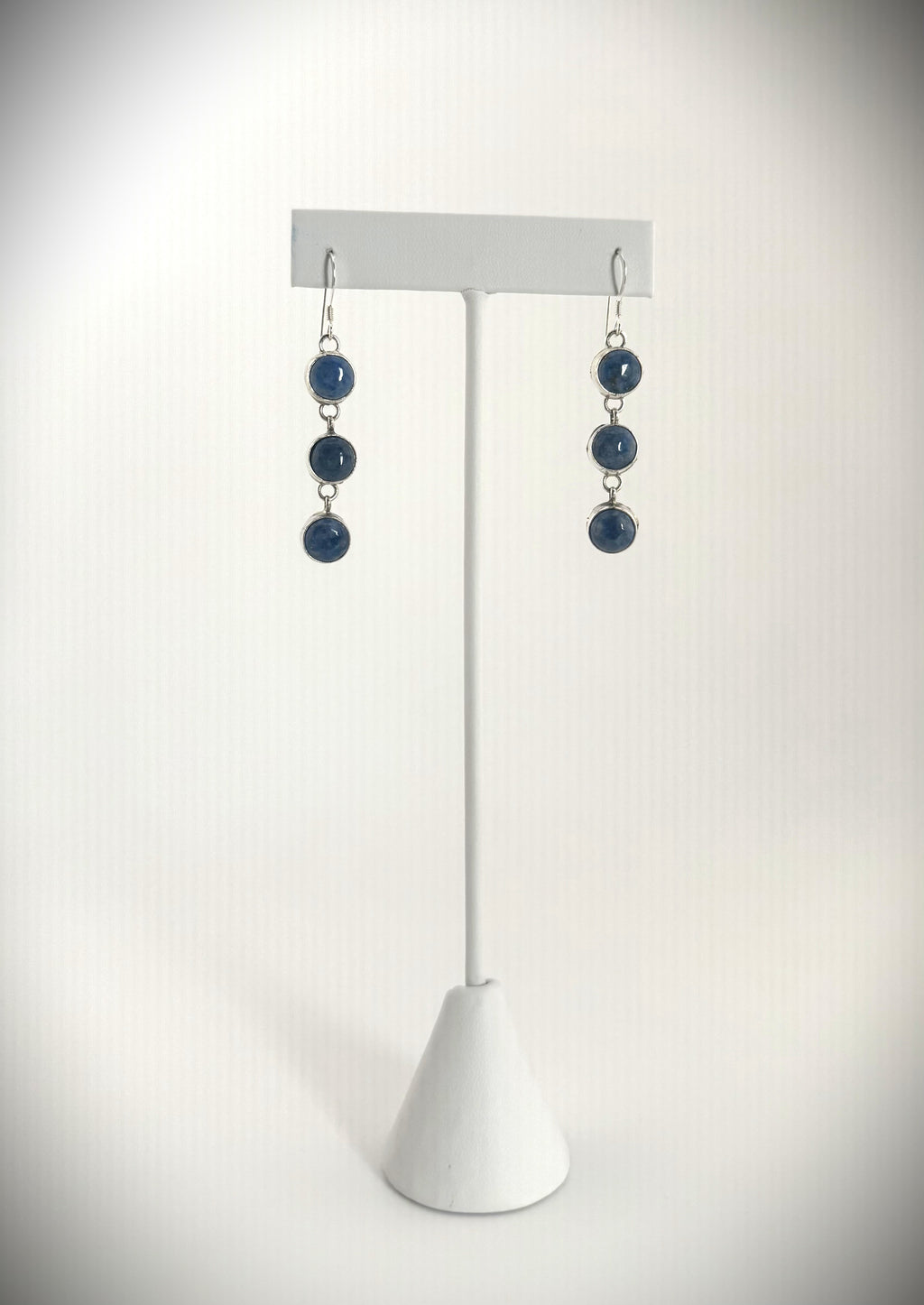 Sterling silver blue aventurine earrings, three-stone dangle design, elegant coastal jewelry.