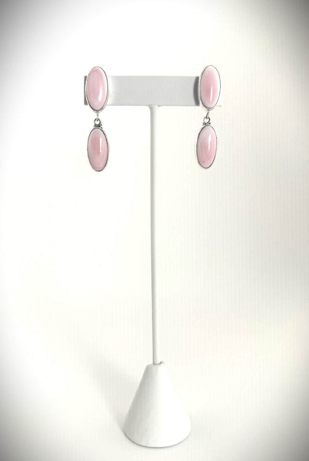 Sterling silver pink gemstone earrings, oval drop design, feminine elegant jewelry.