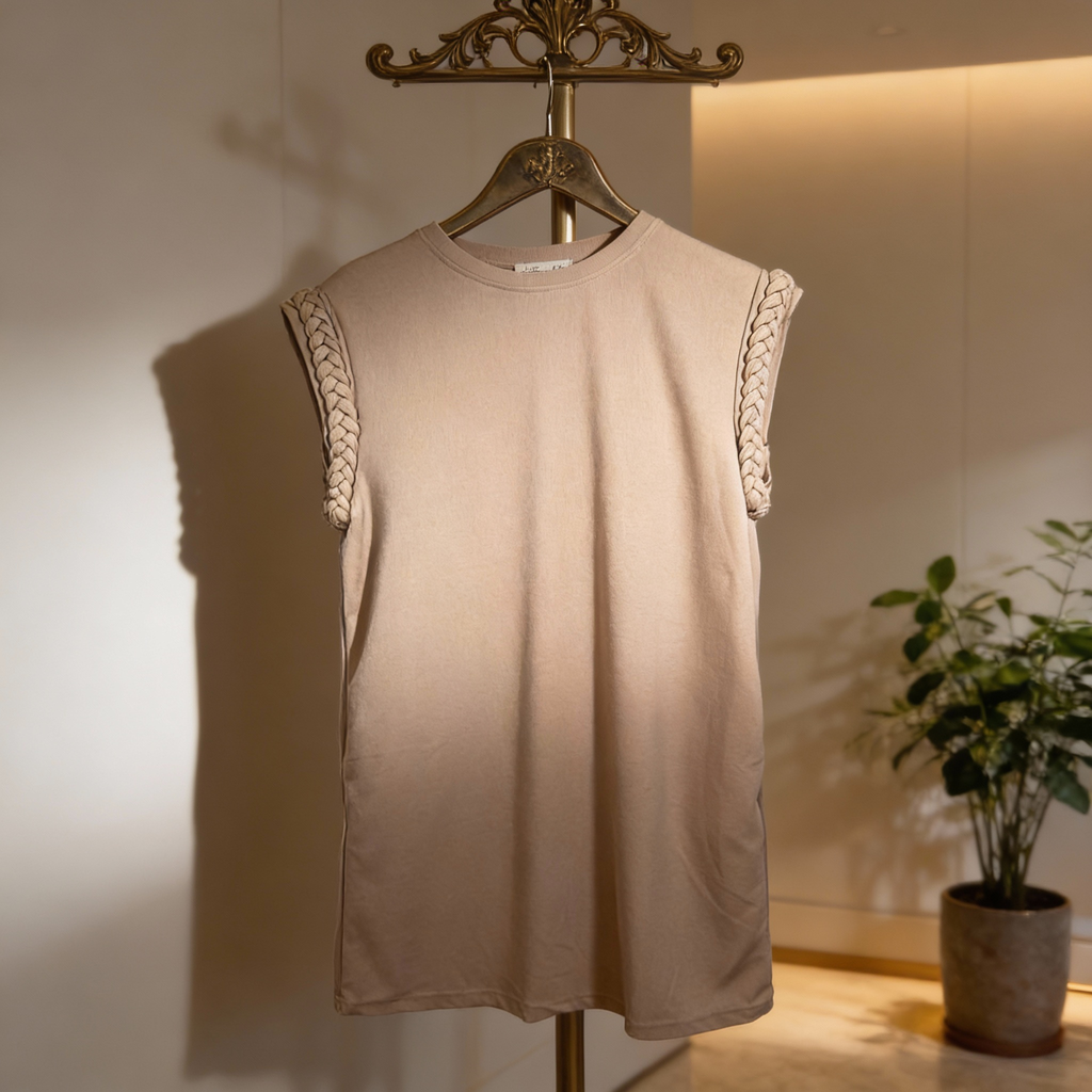 Beige sleeveless top with braided details on a hanger against a neutral background