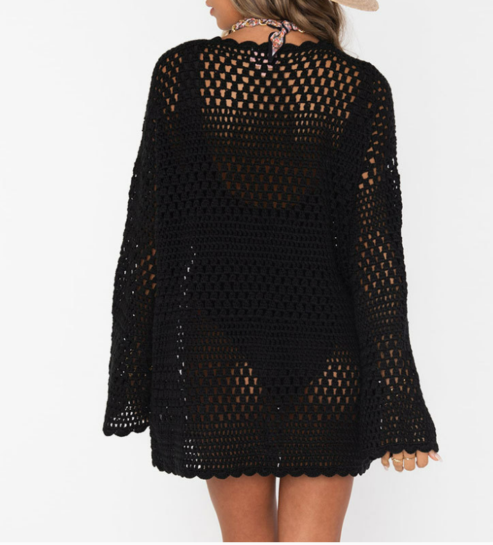 Back view Sheer black crochet lace long sleeve beach cover-up with scalloped hem