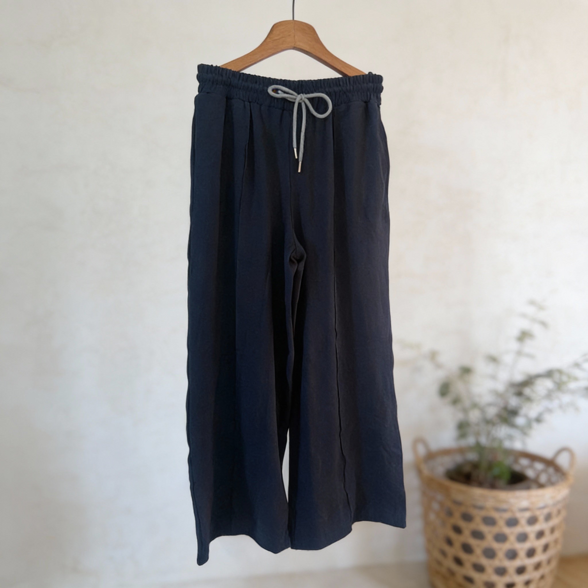 Navy blue wide-leg pants on a wooden hanger against a white wall with a plant in the background.